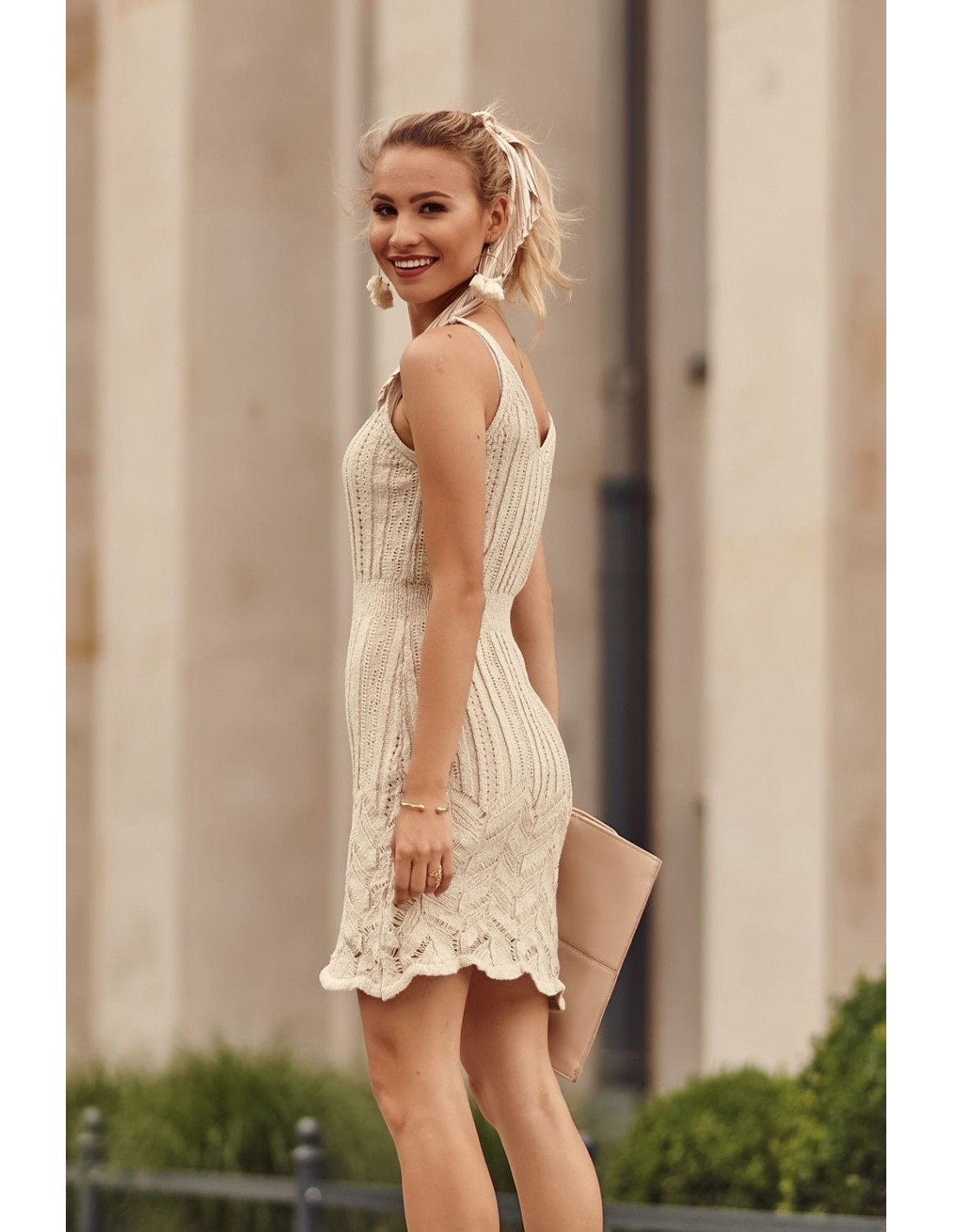 Knitted dress with an openwork pattern, beige PR91130 - Online store - Boutique